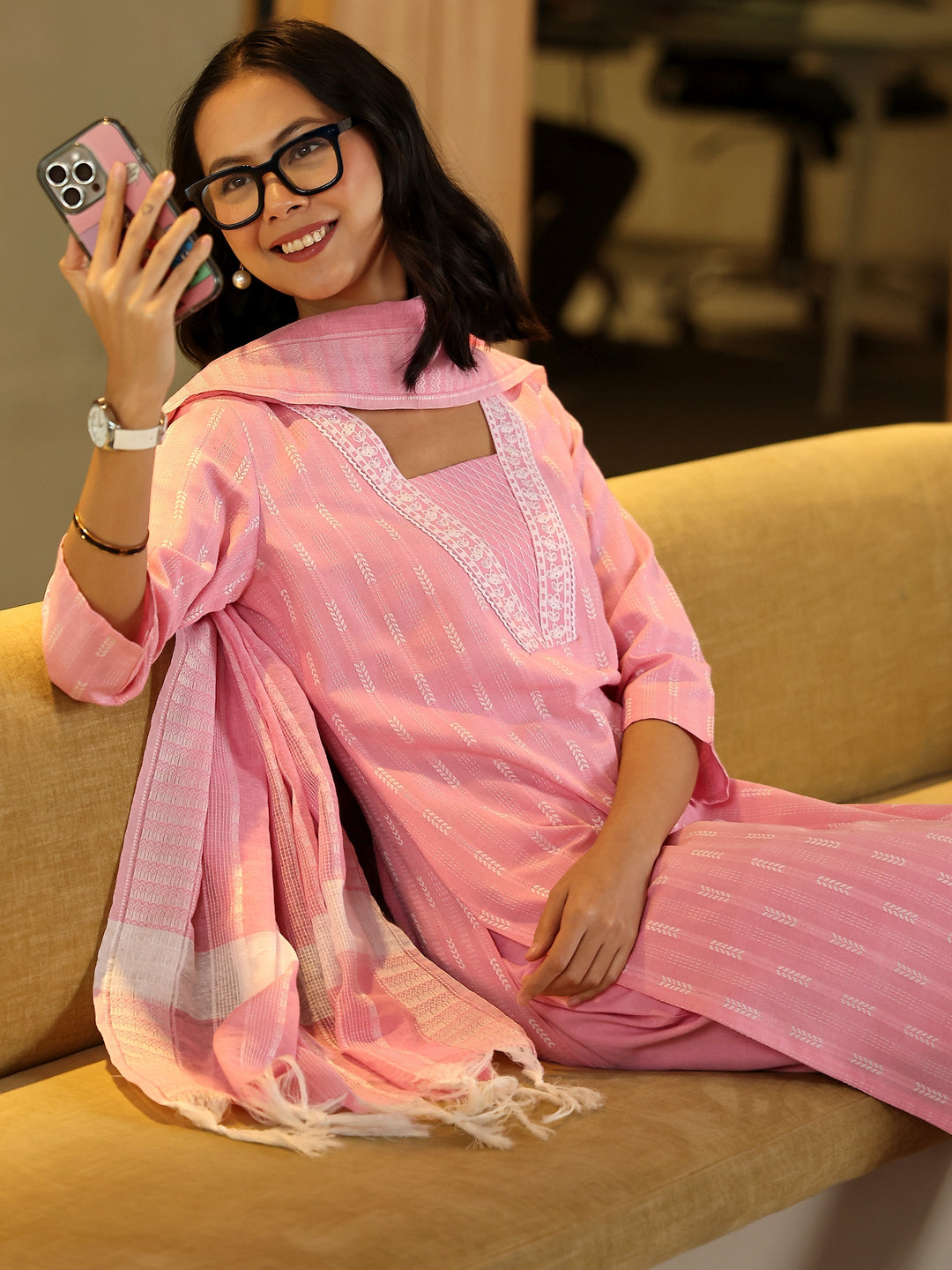 Pink Striped Woven Design Cotton Blend Straight Suit Set With Dupatta