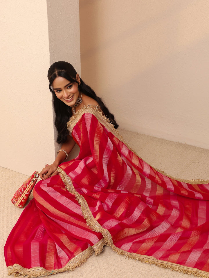 Libas Pink Striped Woven Design Tissue Saree