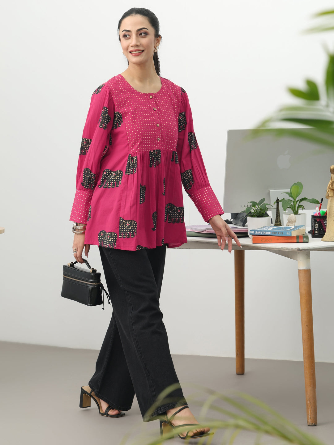 Pink Tribal Printed Cotton Blend A-Line Short Kurti