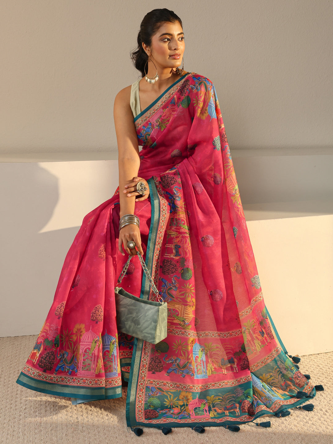Pink Tribal Printed Silk Blend Tassel Saree With Unstitched Blouse Piece