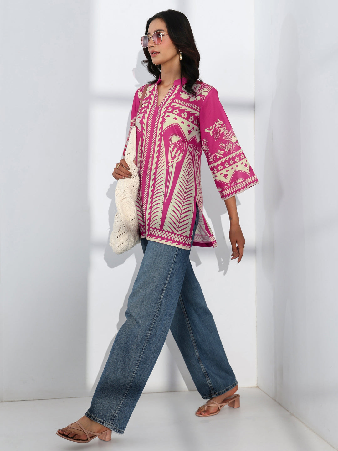 Pink Tropical Printed Cotton Blend Straight Short Kurti