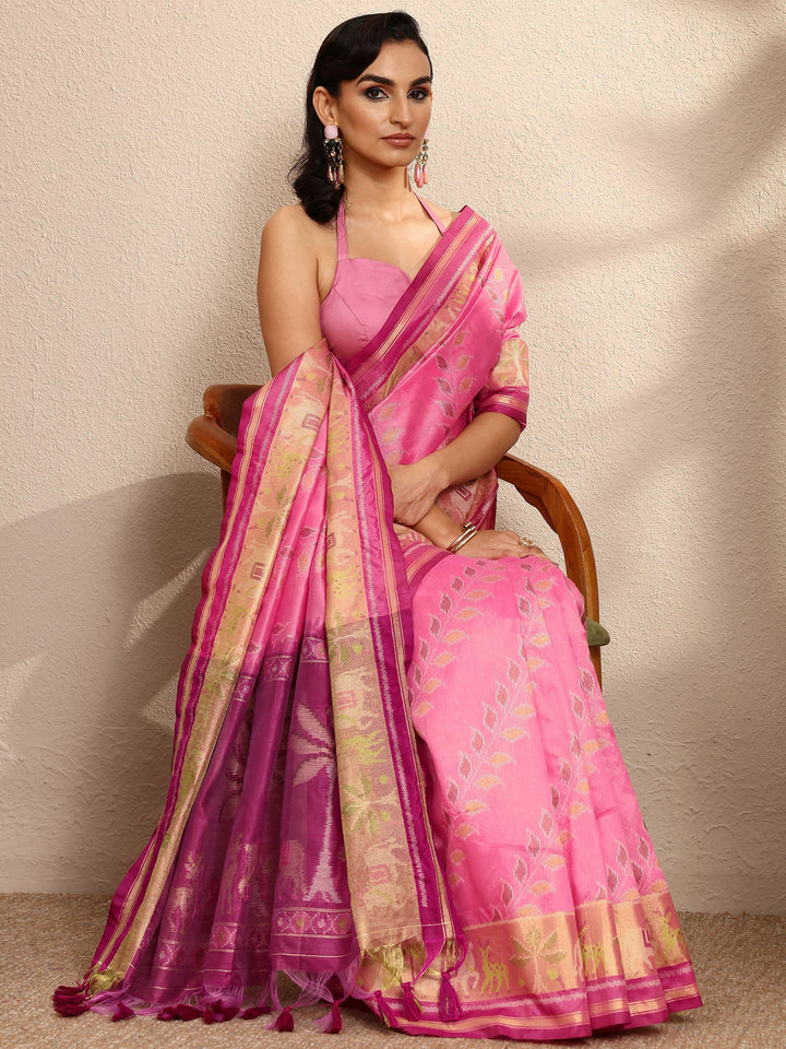 Pink Woven Design Banarsi Silk Blend Saree With Unstitched Blouse Piece