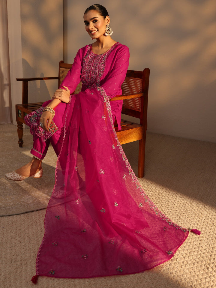 Pink Woven Design Chanderi Cotton Straight Suits Set With Dupatta