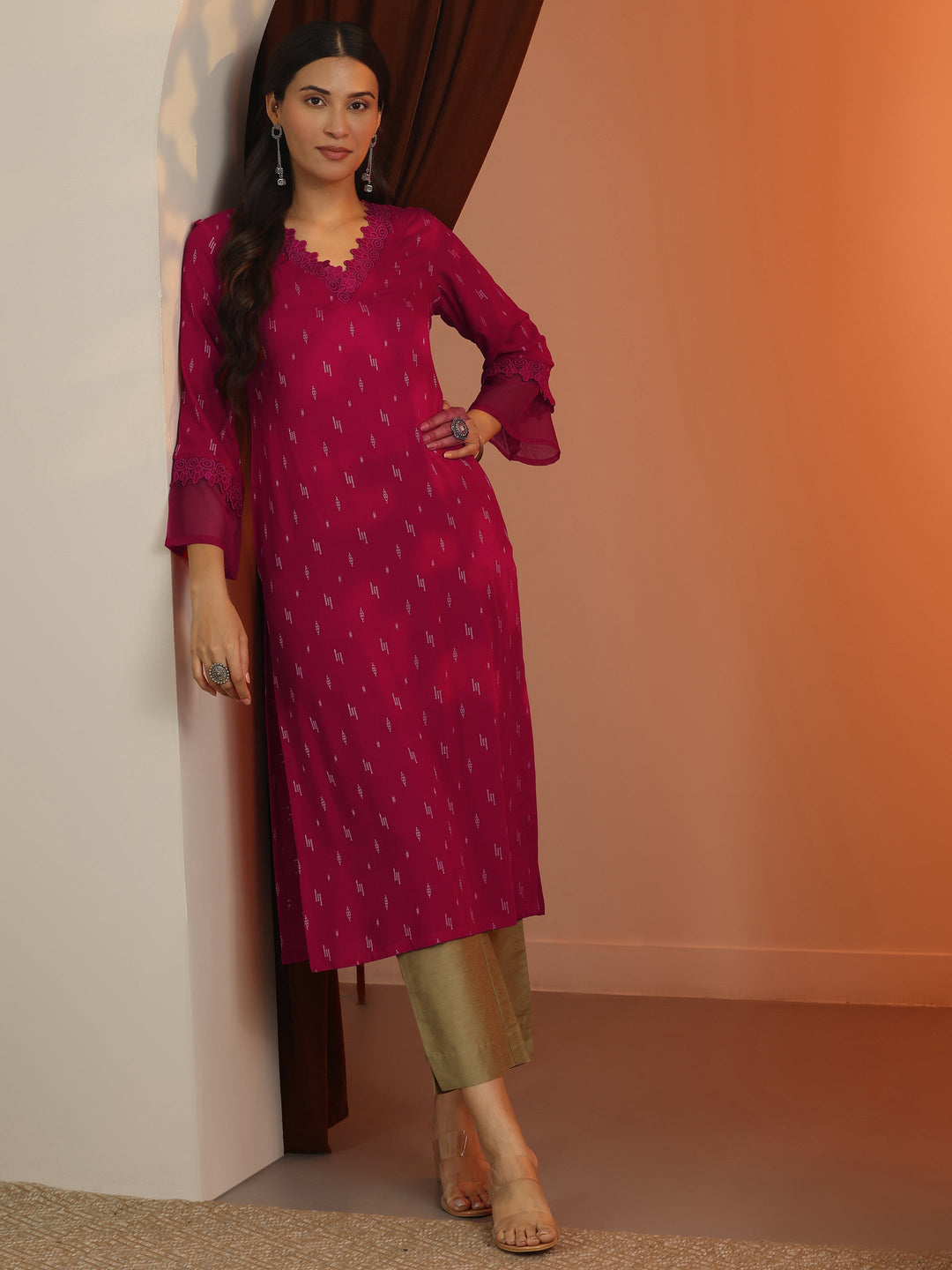 Pink Woven Design Rayon Straight Kurta