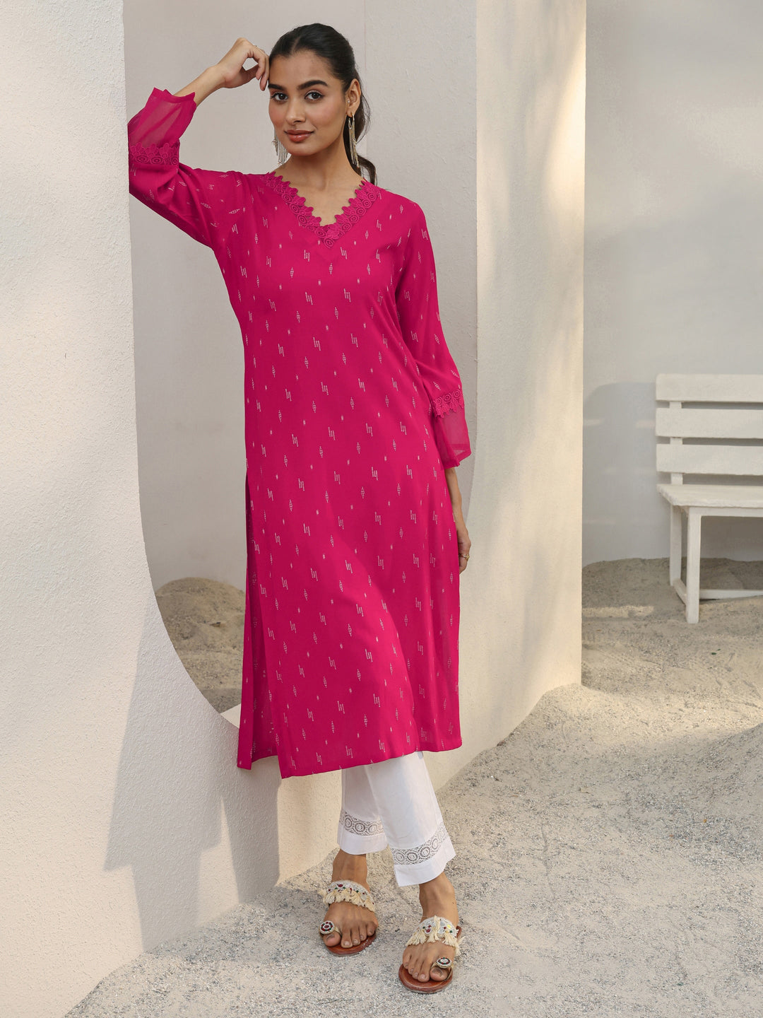 Pink Woven Design Rayon Straight Kurta