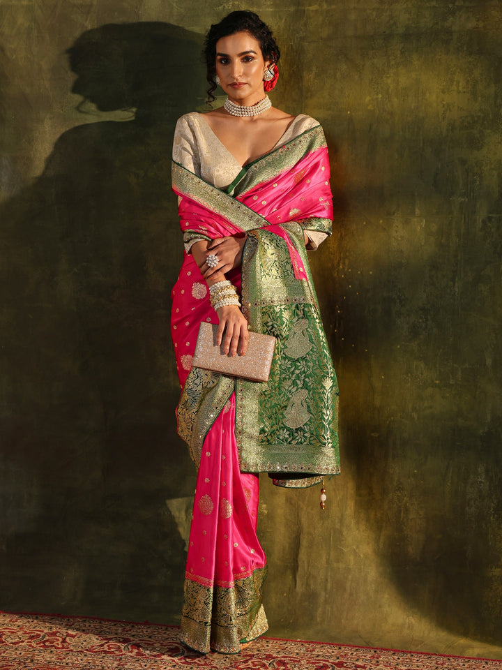 Pink Woven Design Satin Banarasi Saree With Unstitched Blouse Piece