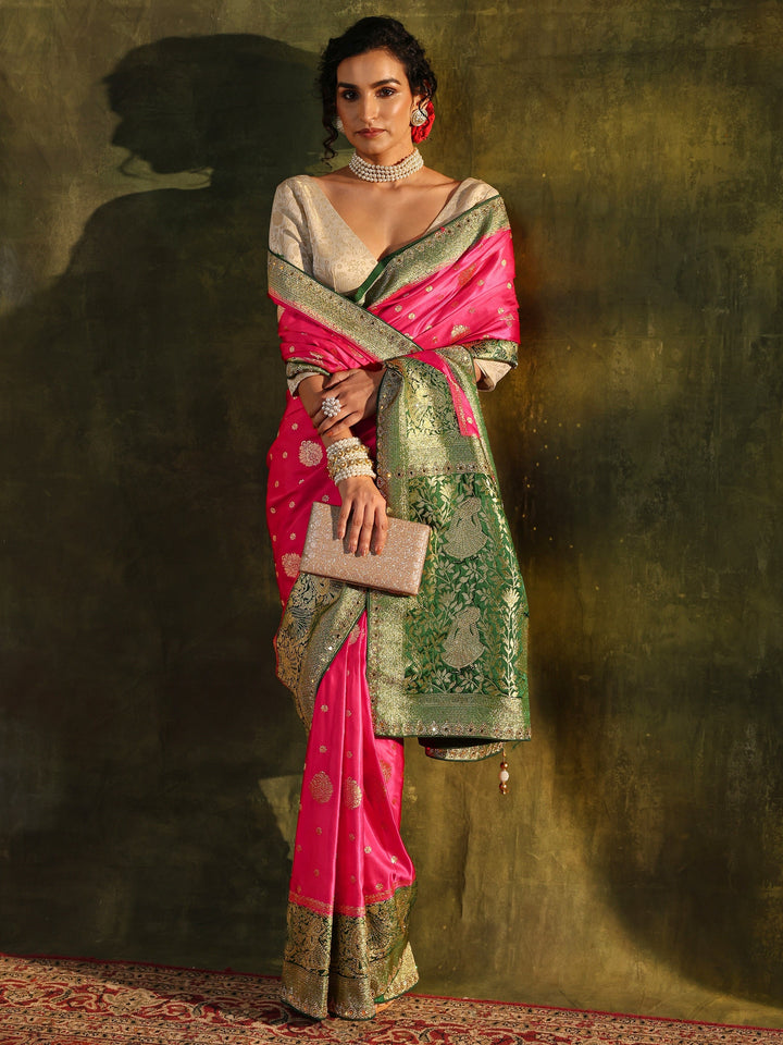 Libas Pink Woven Design Satin Banarasi Saree With Unstitched Blouse Piece
