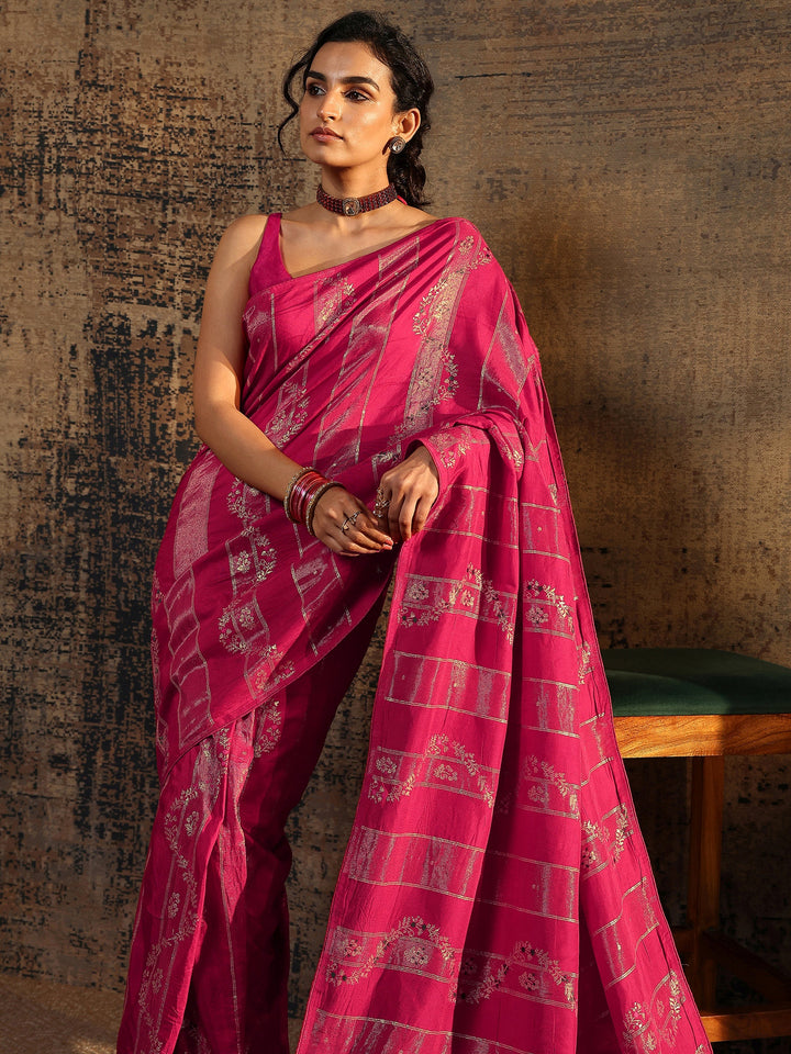 Pink Woven Design Silk Blend Banarasi Saree With Unstitched Blouse Piece