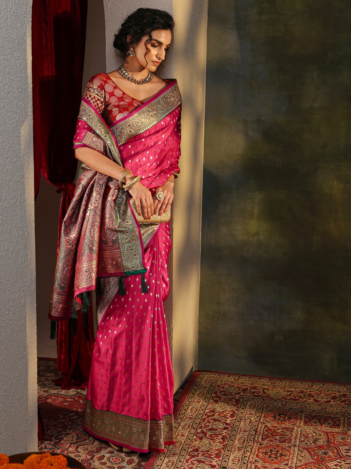 Pink Woven Design Silk Blend Banarasi Saree With Unstitched Blouse Piece