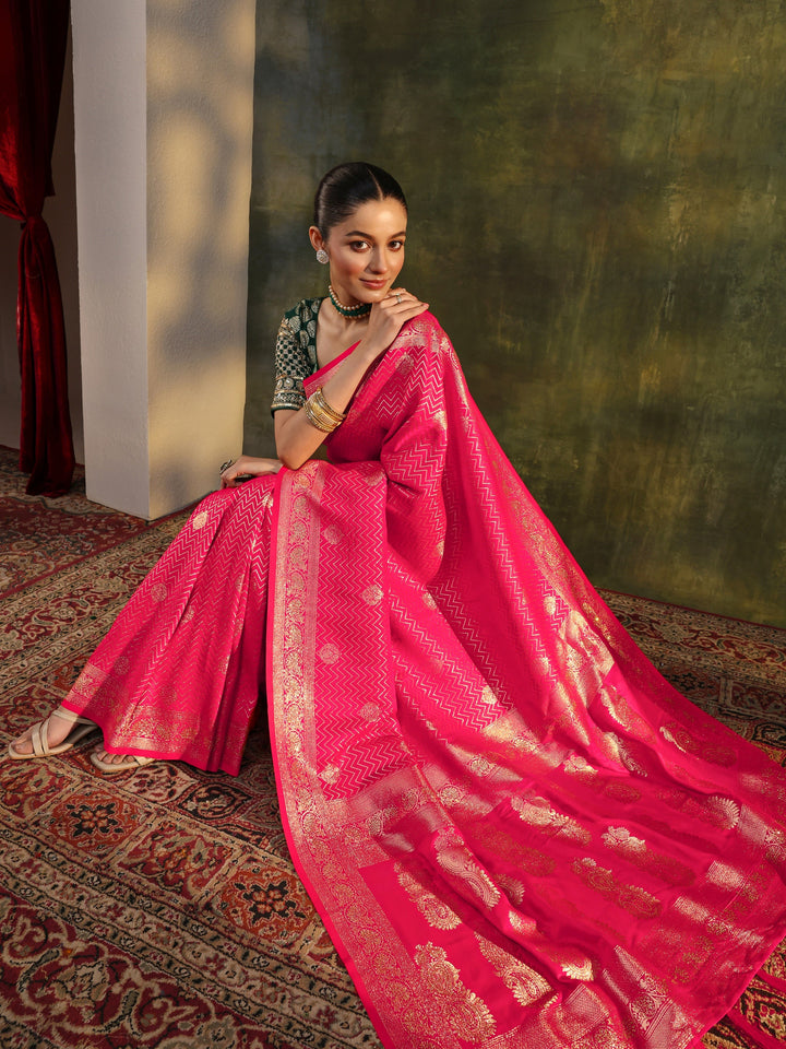 Pink Woven Design Silk Blend Banarasi Saree With Unstitched Blouse Piece