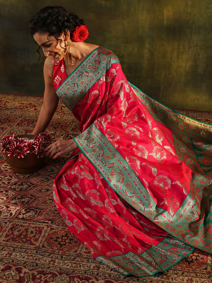 Pink Woven Design Silk Blend Banarasi Saree With Unstitched Blouse Piece
