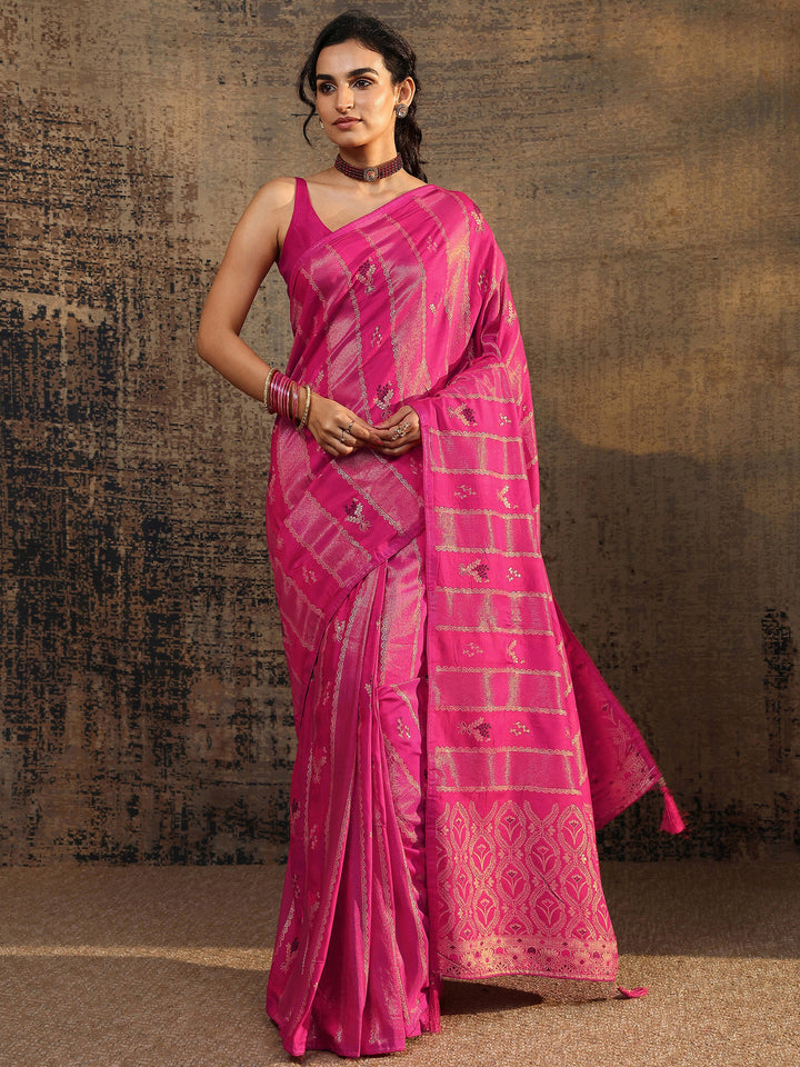 Pink Woven Design Silk Blend Saree With Unstitched Blouse Piece