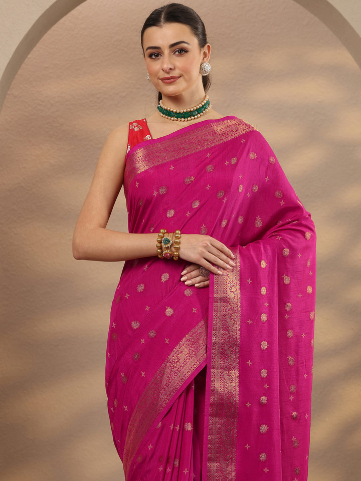 Pink Woven Design Silk Blend Saree With Unstitched Blouse Piece