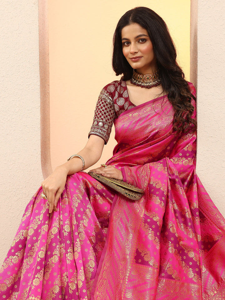 Pink Woven Design Silk Blend Sarees With Unstitched Blouse Piece
