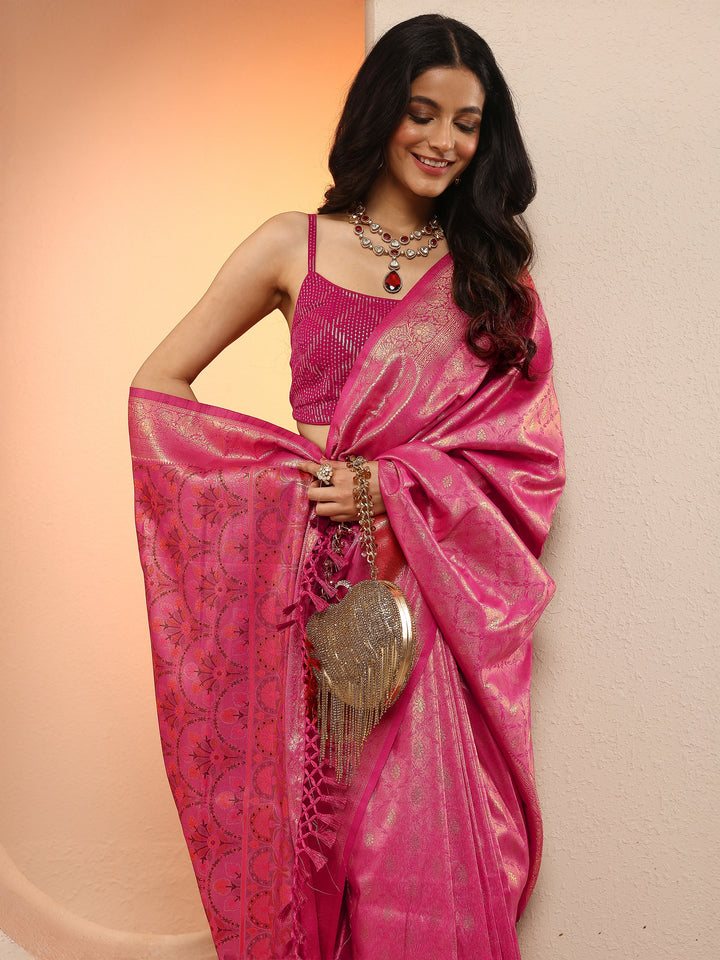 Pink Woven Design Silk Blend Sarees With Unstitched Blouse Piece
