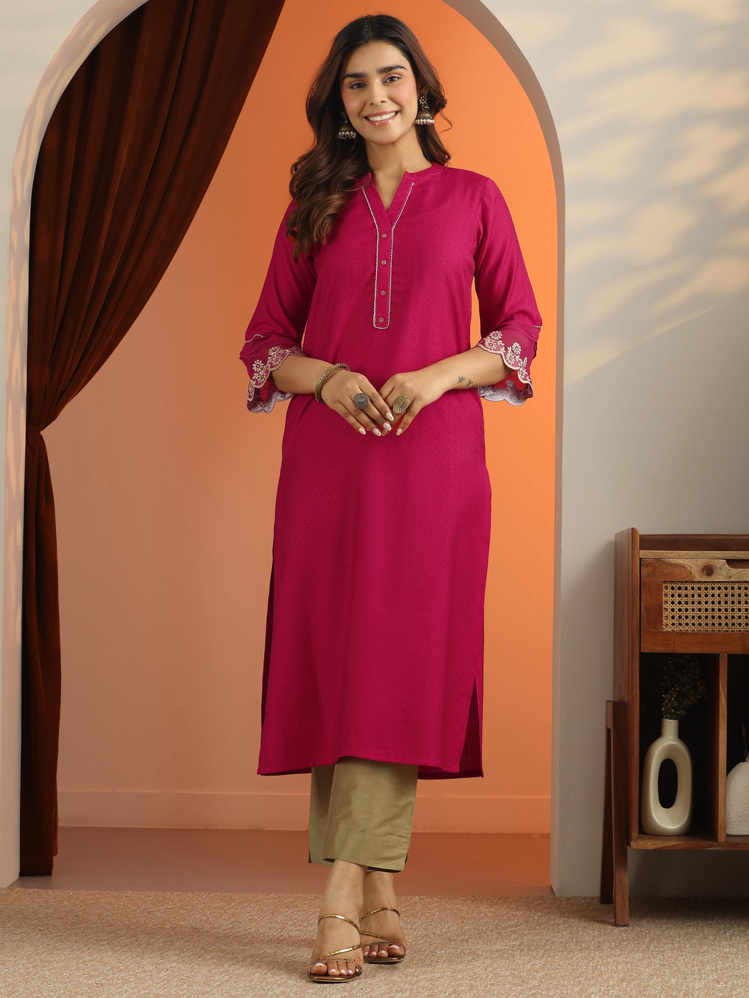 Pink Woven Design Silk Blend Straight Kurta
