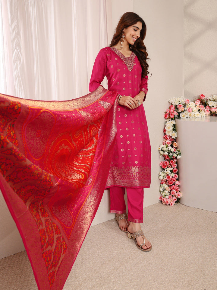 Pink Woven Design Silk Blend Straight Suit Set With Dupatta