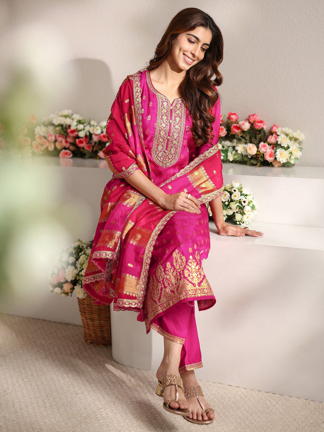 Pink Woven Design Silk Blend Straight Suit Set With Dupatta