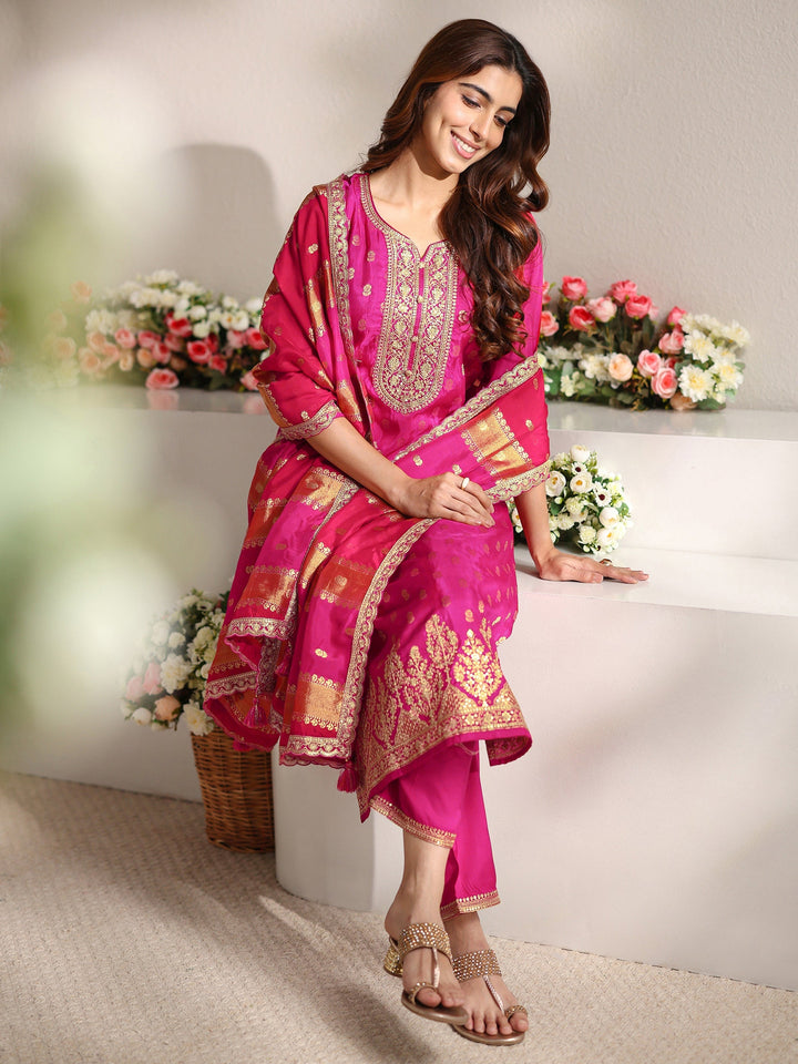 Pink Woven Design Silk Blend Straight Suit Set With Dupatta