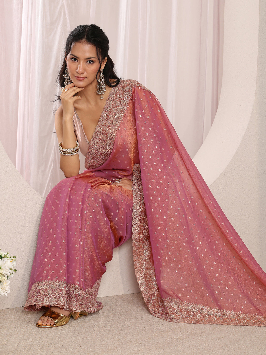 Pink Woven Design Tissue Saree With Unstitched Blouse Piece
