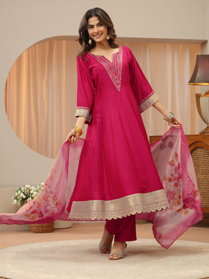Pink Yoke Design Silk Blend Anarkali Suit Set