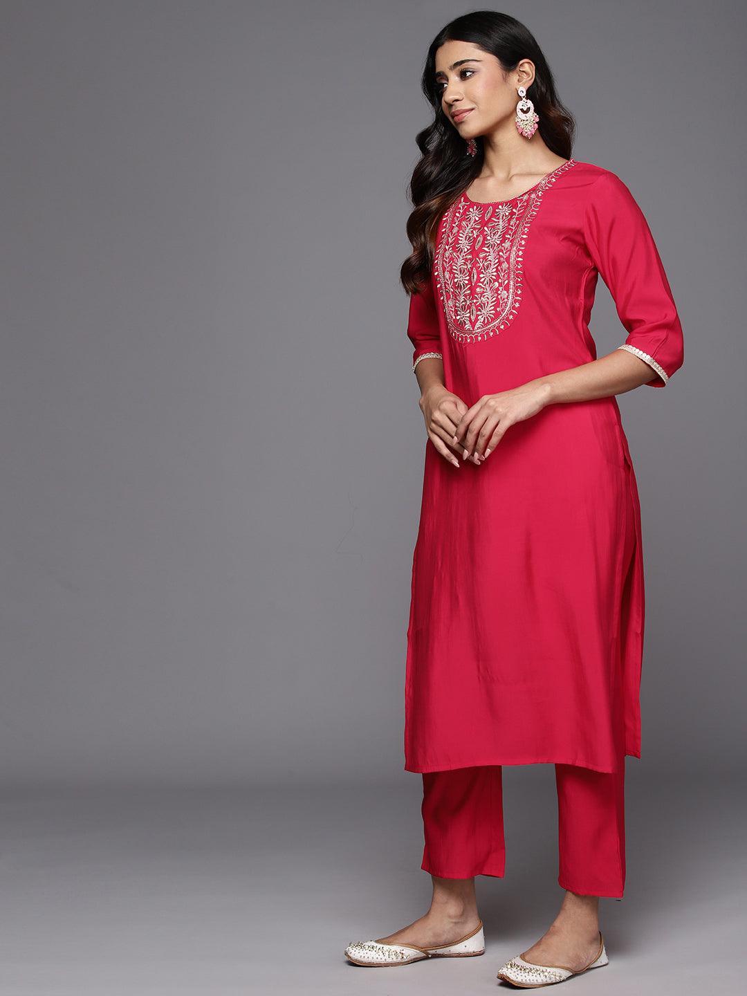 Pink Yoke Design Silk Blend Straight Kurta With Trousers & Dupatta - Libas 