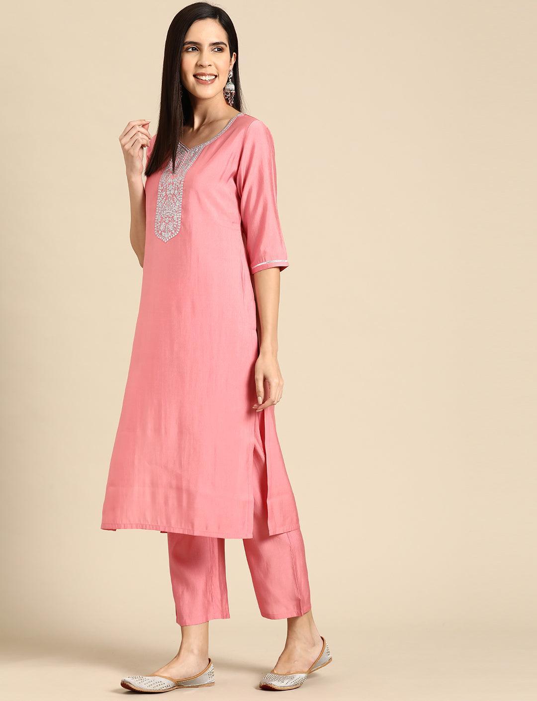 Pink Yoke Design Silk Blend Straight Kurta With Trousers & Dupatta - Libas 