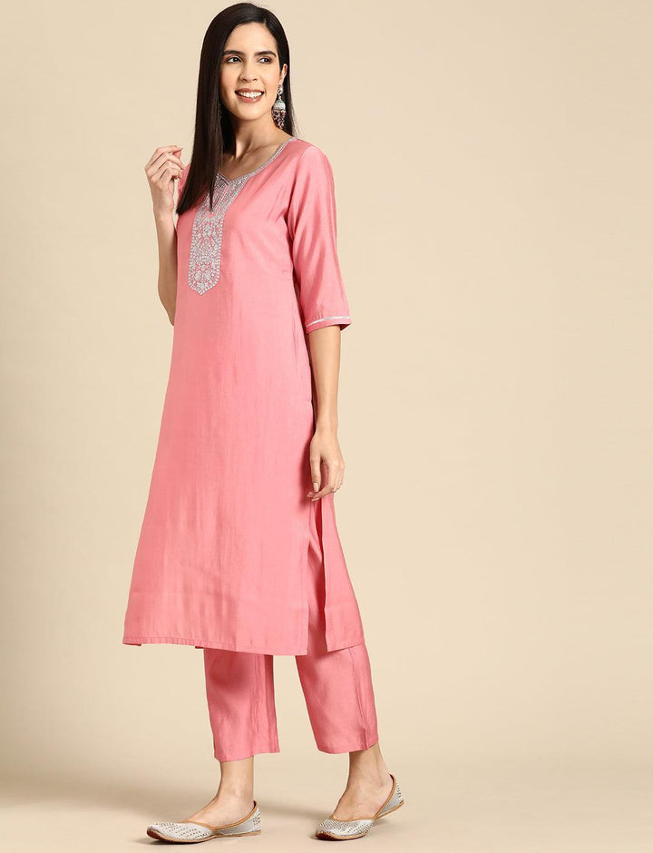Pink Yoke Design Silk Blend Straight Suit With Dupatta