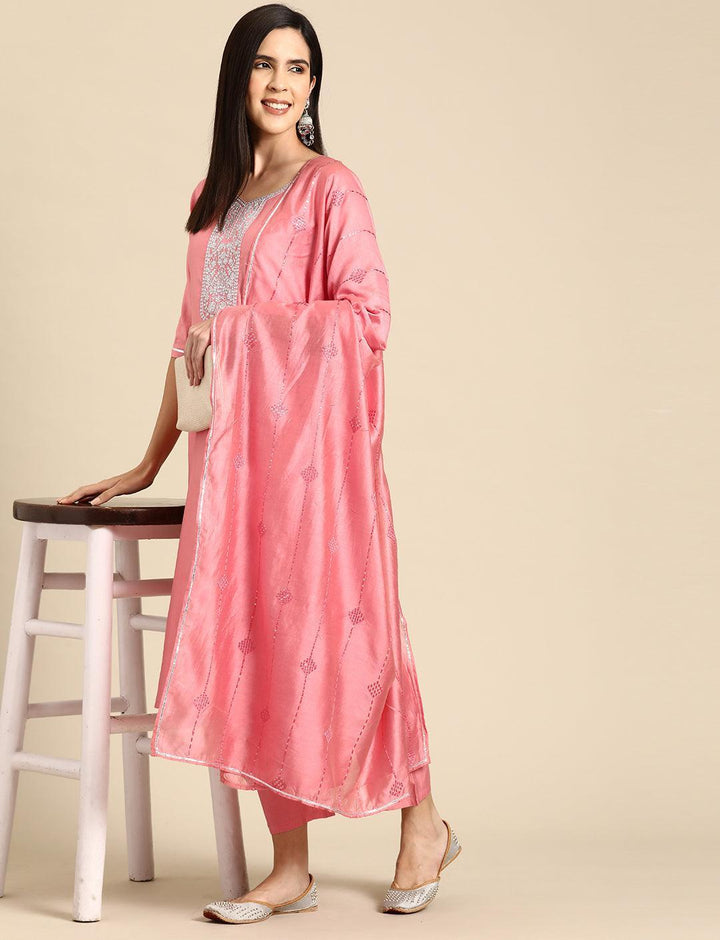 Pink Yoke Design Silk Blend Straight Suit With Dupatta
