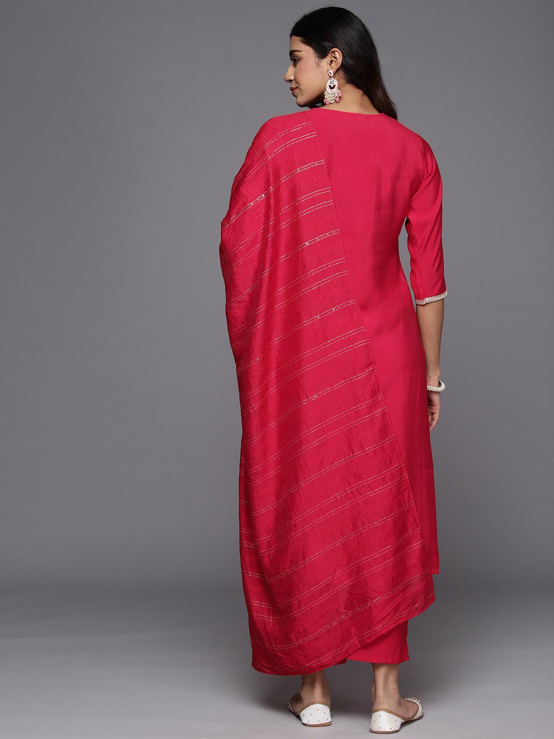Pink Yoke Design Silk Blend Straight Kurta With Trousers & Dupatta - Libas 