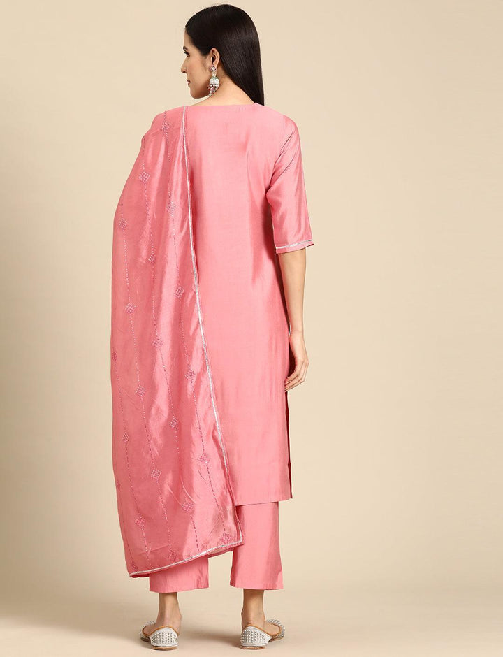 Pink Yoke Design Silk Blend Straight Suit With Dupatta