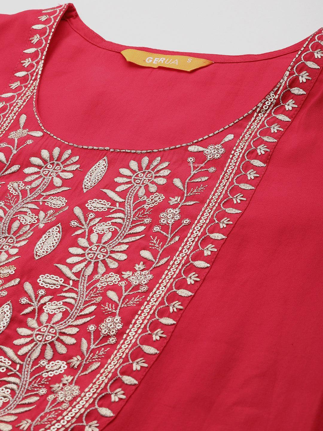 Pink Yoke Design Silk Blend Straight Kurta With Trousers & Dupatta - Libas 