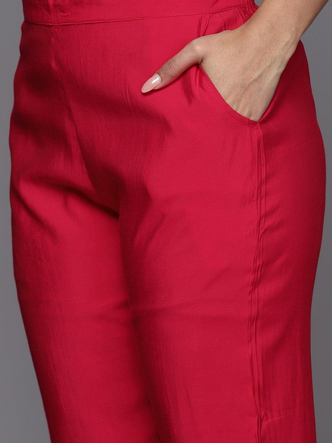Pink Yoke Design Silk Blend Straight Kurta With Trousers & Dupatta - Libas 