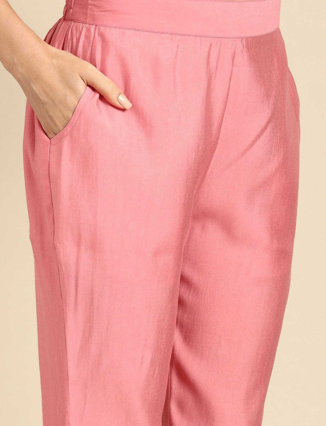 Pink Yoke Design Silk Blend Straight Kurta With Trousers & Dupatta - Libas 