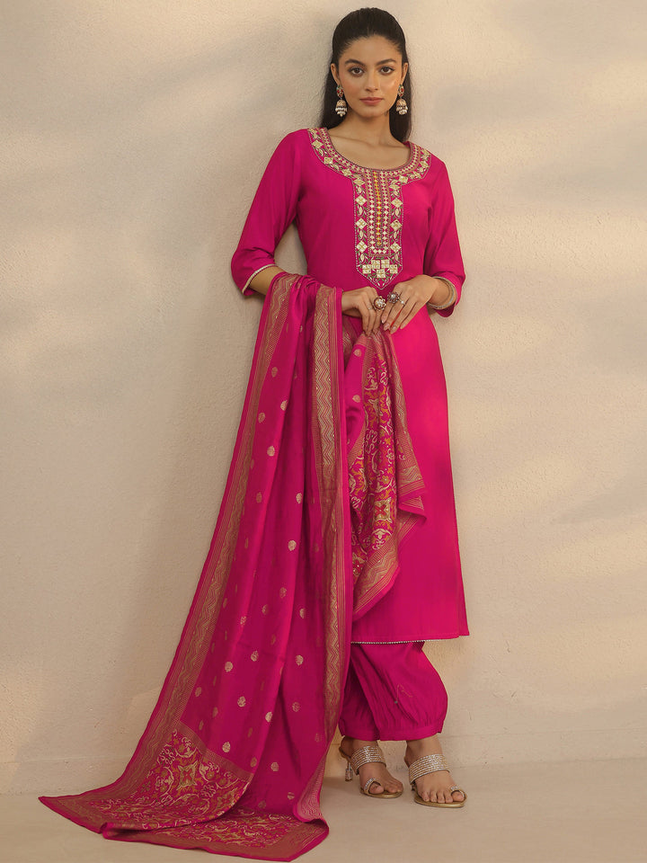 Pink Yoke Design Silk Blend Straight Suit Set With Dupatta