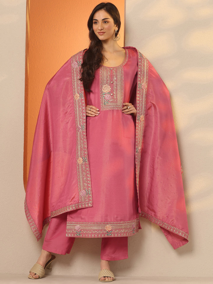 Pink Yoke Design Silk Blend Straight Suit Set With Dupatta