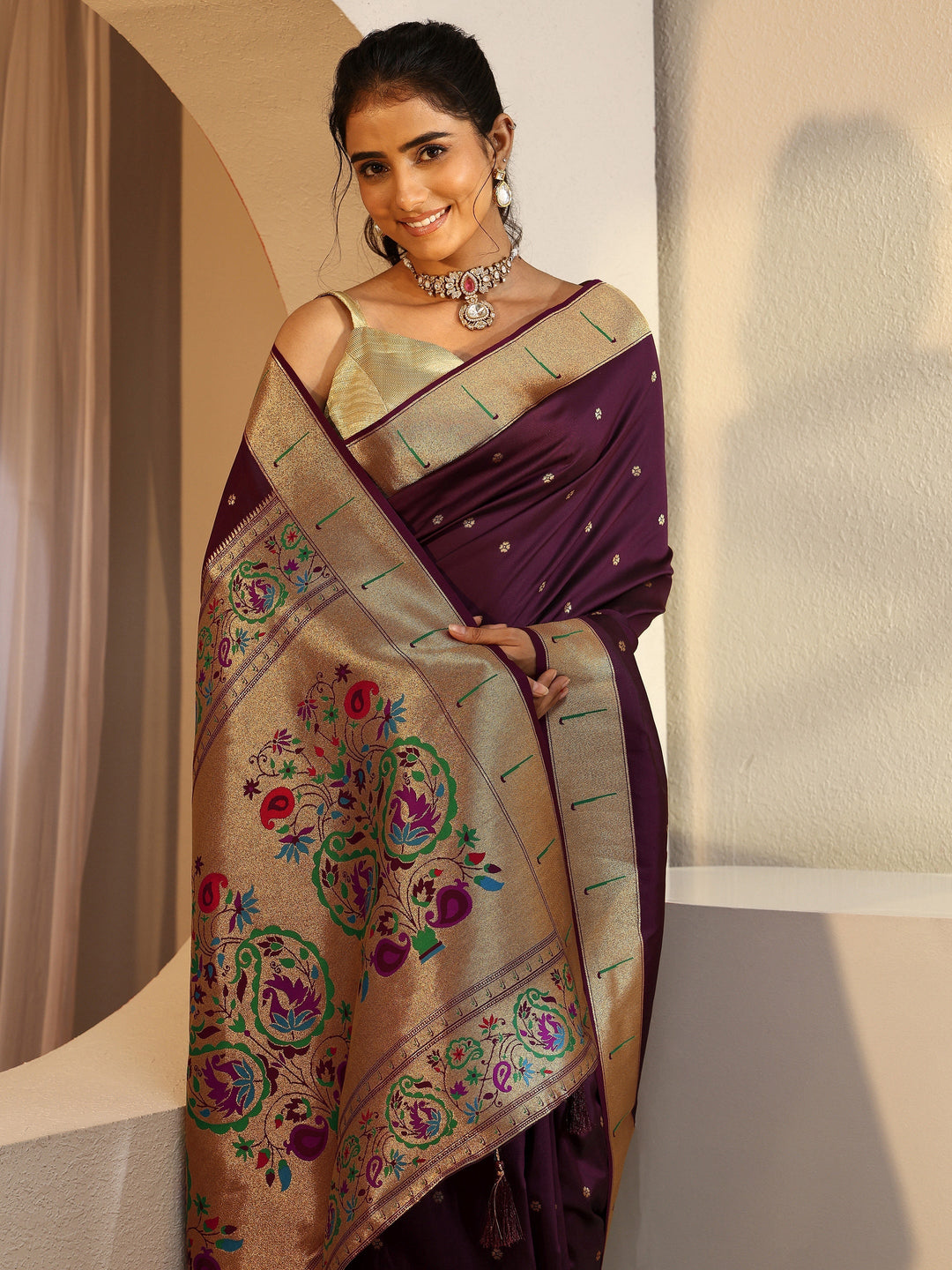 Plum Silk Blend Paithani Saree