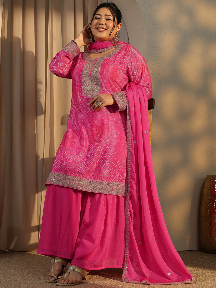 Plus Size Bandhani Embroidered Chinon Straight Suit Set With Dupatta