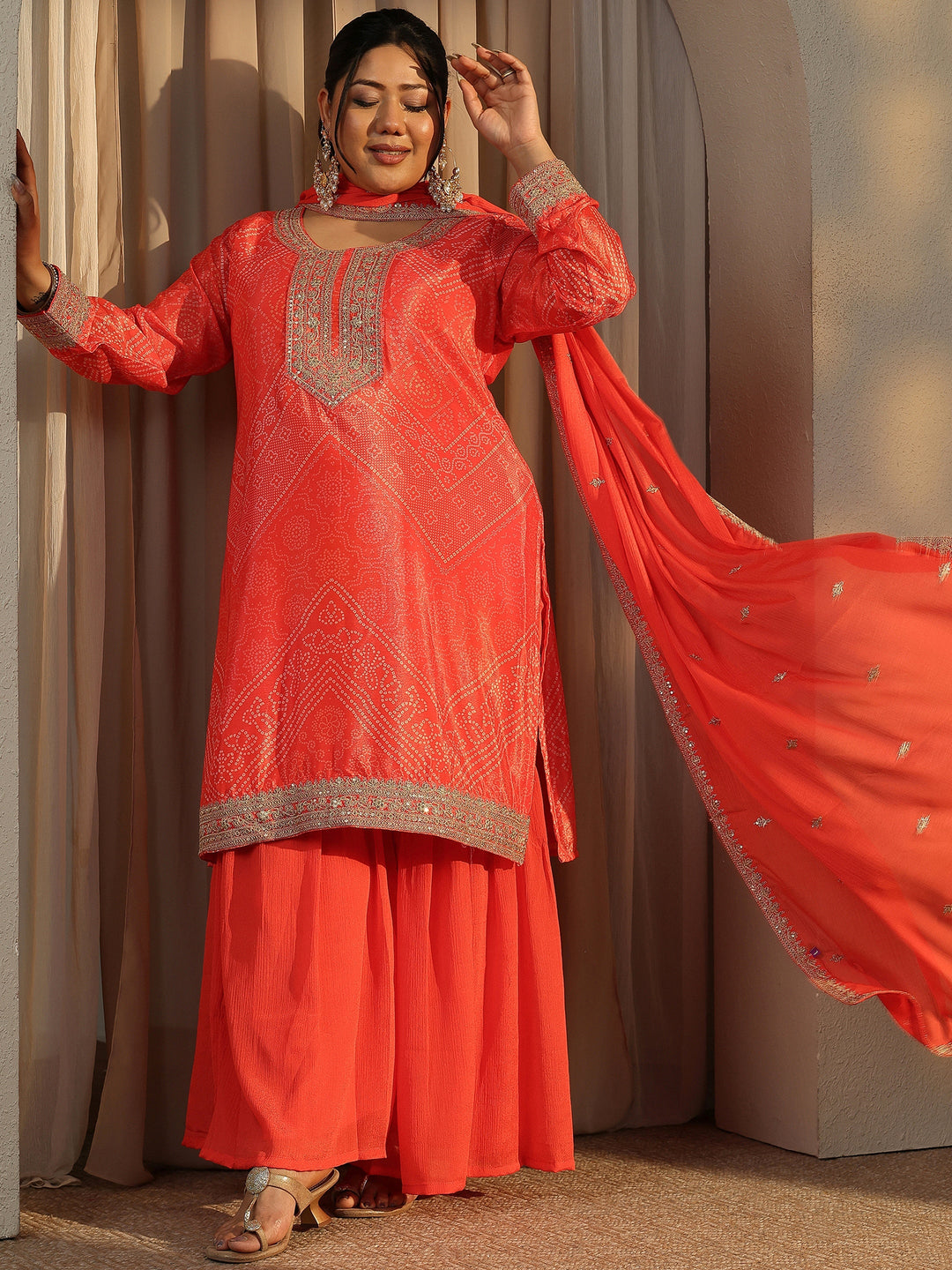 Plus Size Bandhani Printed Chinon Straight Suit Set With Dupatta