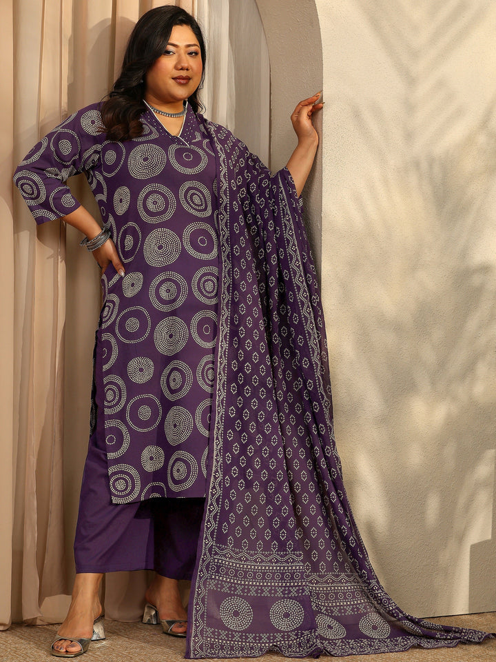 Plus Size Bandhani Printed Cotton Straight Suit Set With Dupatta