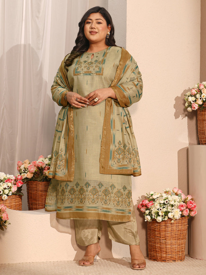 Plus Size Beige Embroidered Silk Blend Straight Suit Set With Dupatta
