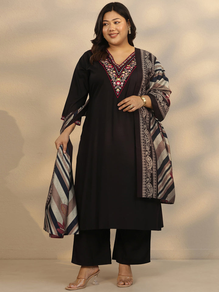 Plus Size Black Embroidered Rayon Straight Suit Set With Dupatta