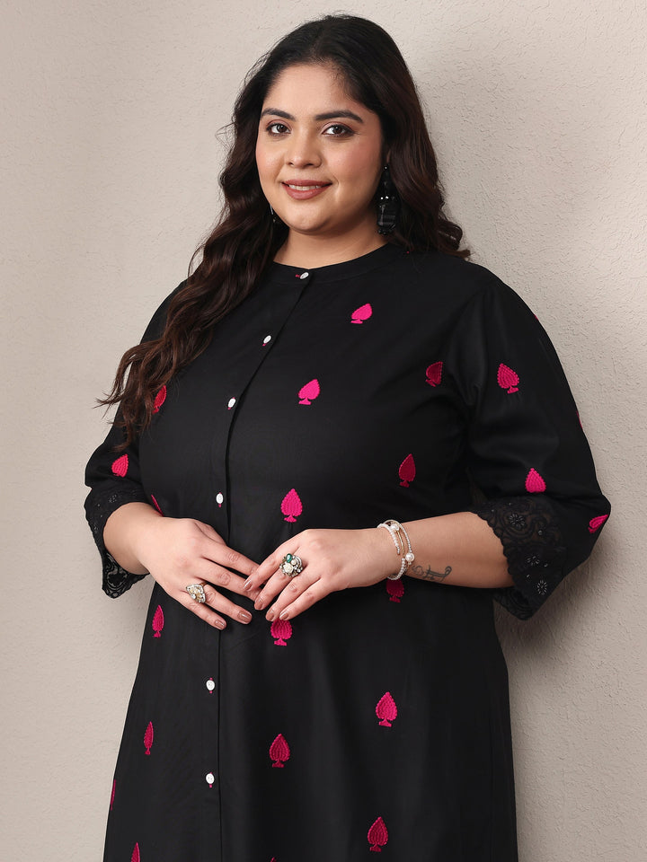 Plus Size Black Embroidered Viscose Rayon Straight Kurta Set