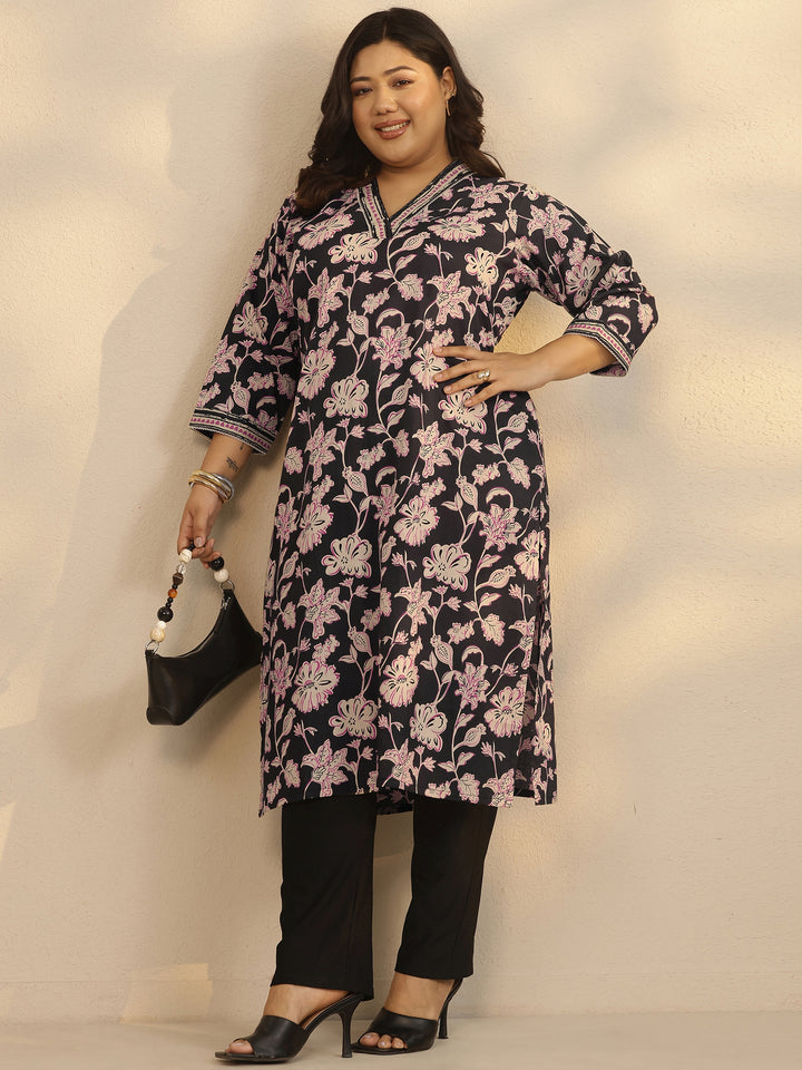 Plus Size Black Printed Cotton Straight Kurta