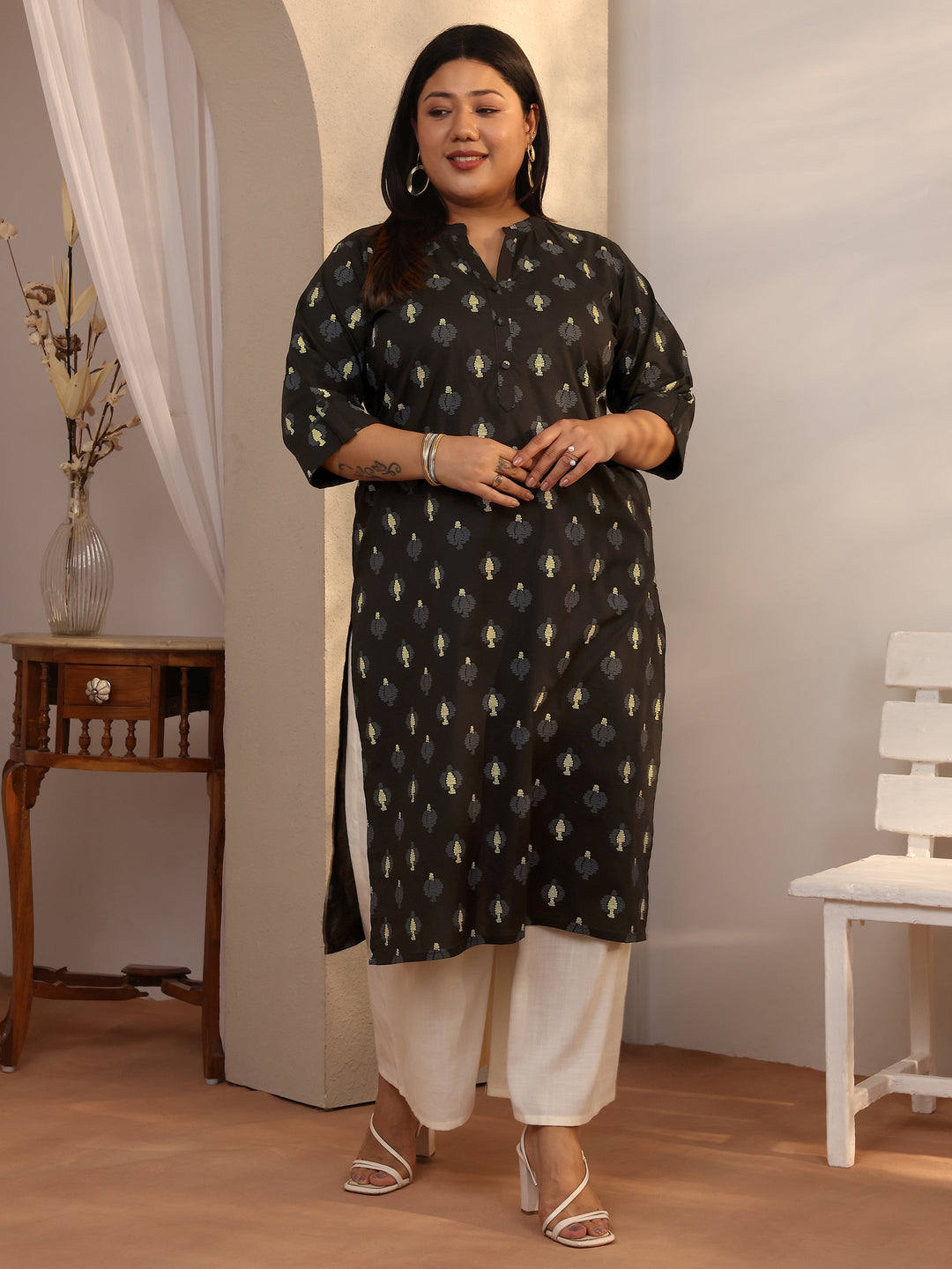 Plus Size Black Printed Cotton Straight Kurta