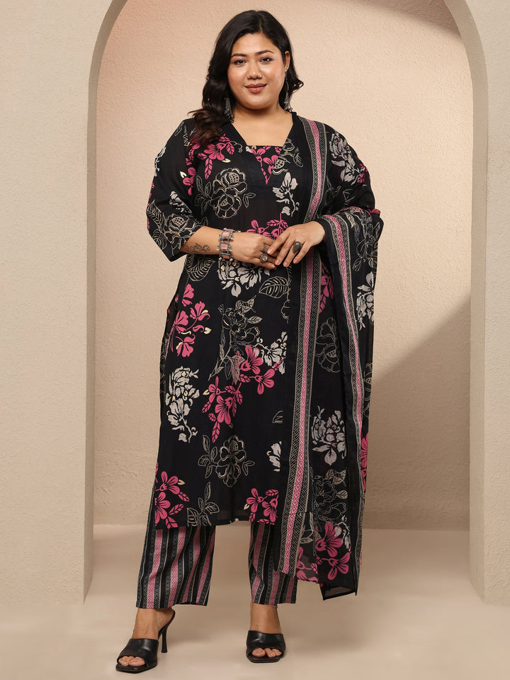Plus Size Black Printed Cotton Straight Suit Set With Dupatta
