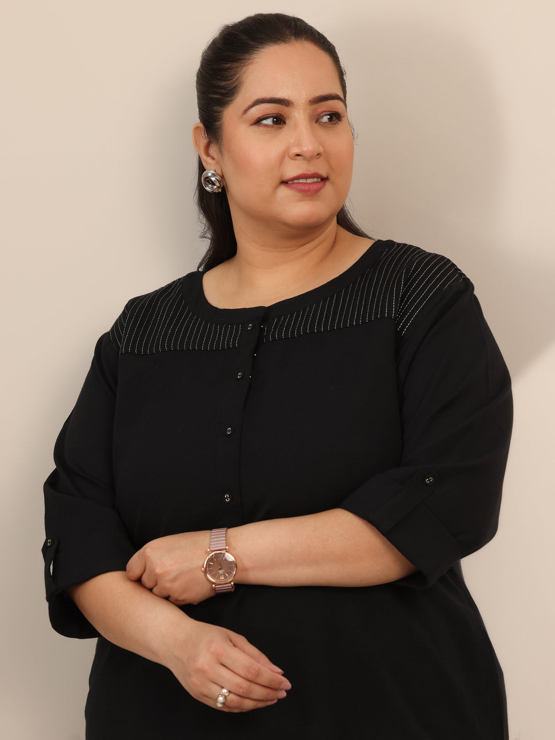 Plus Size Black Solid Cotton Blend Straight Kurta