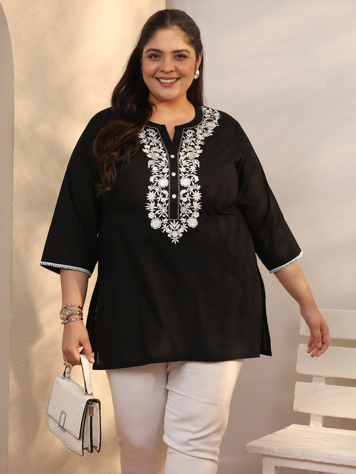 Plus Size Black Yoke Design Cotton Straight Short Kurti
