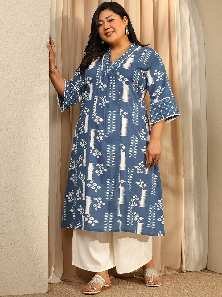 Plus Size Block Printed Cotton A-Line Kurta