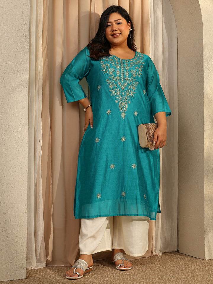 Plus Size Blue Embroidered Chanderi Silk Straight Kurta